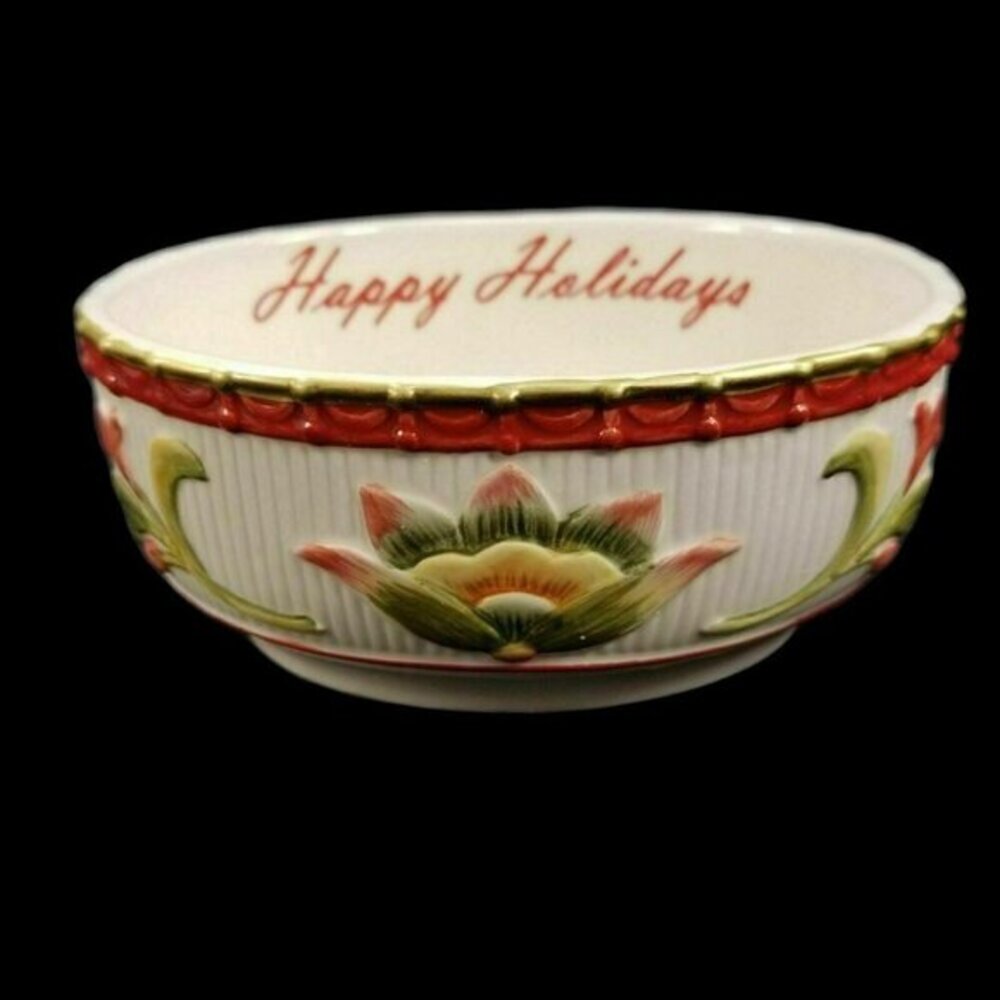 Fitz & Floyd Woodland Holiday Happy Holidays Xmas Sentiment Oval Bowl in‎ Box